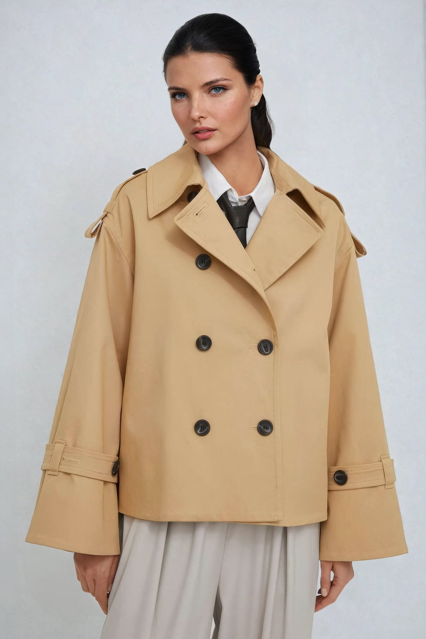 Double-Breasted Cropped Coat with Wide Sleeves - Brown