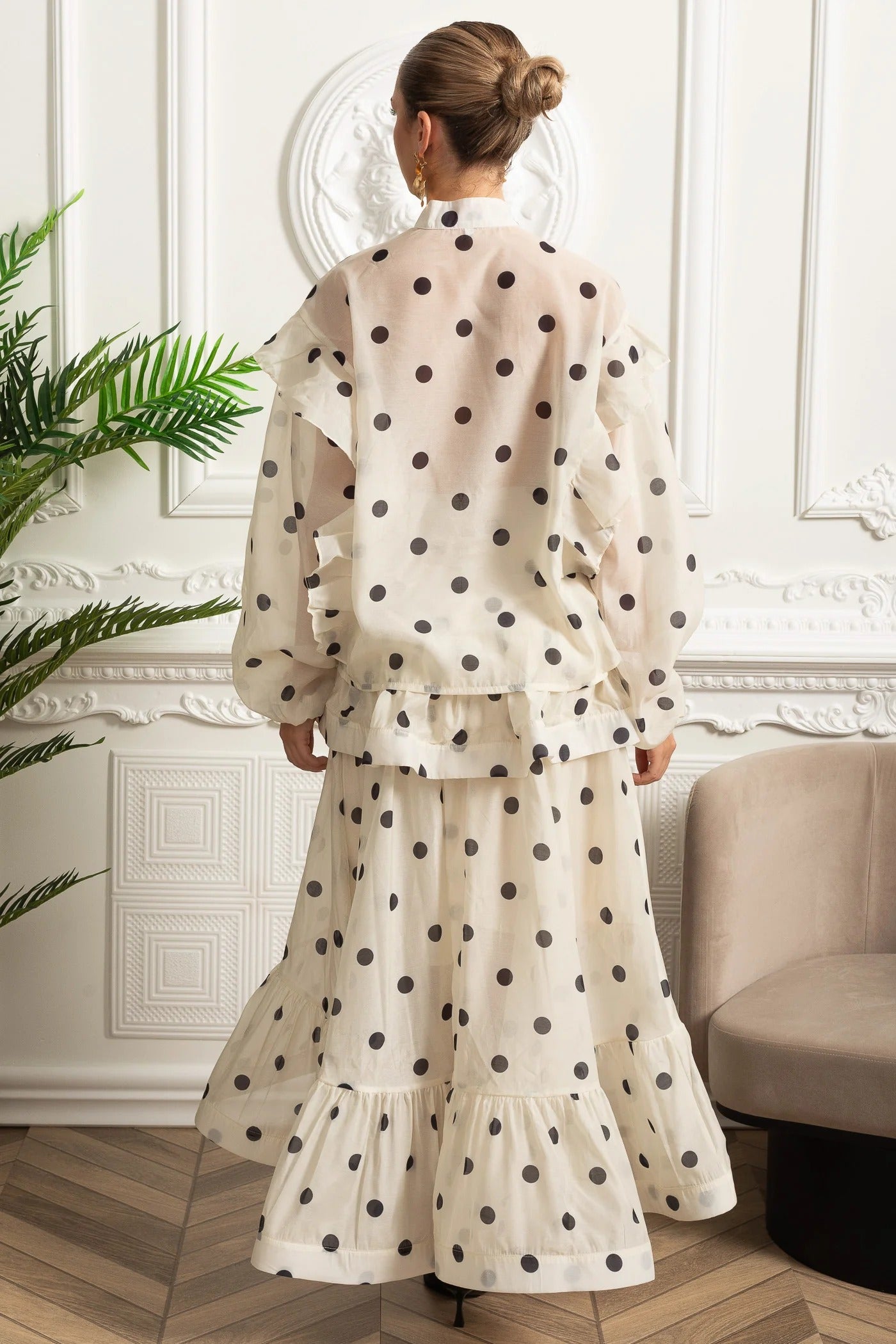 Sheer Polka Dot Blouse and Skirt Set with Ruffle Accents - White