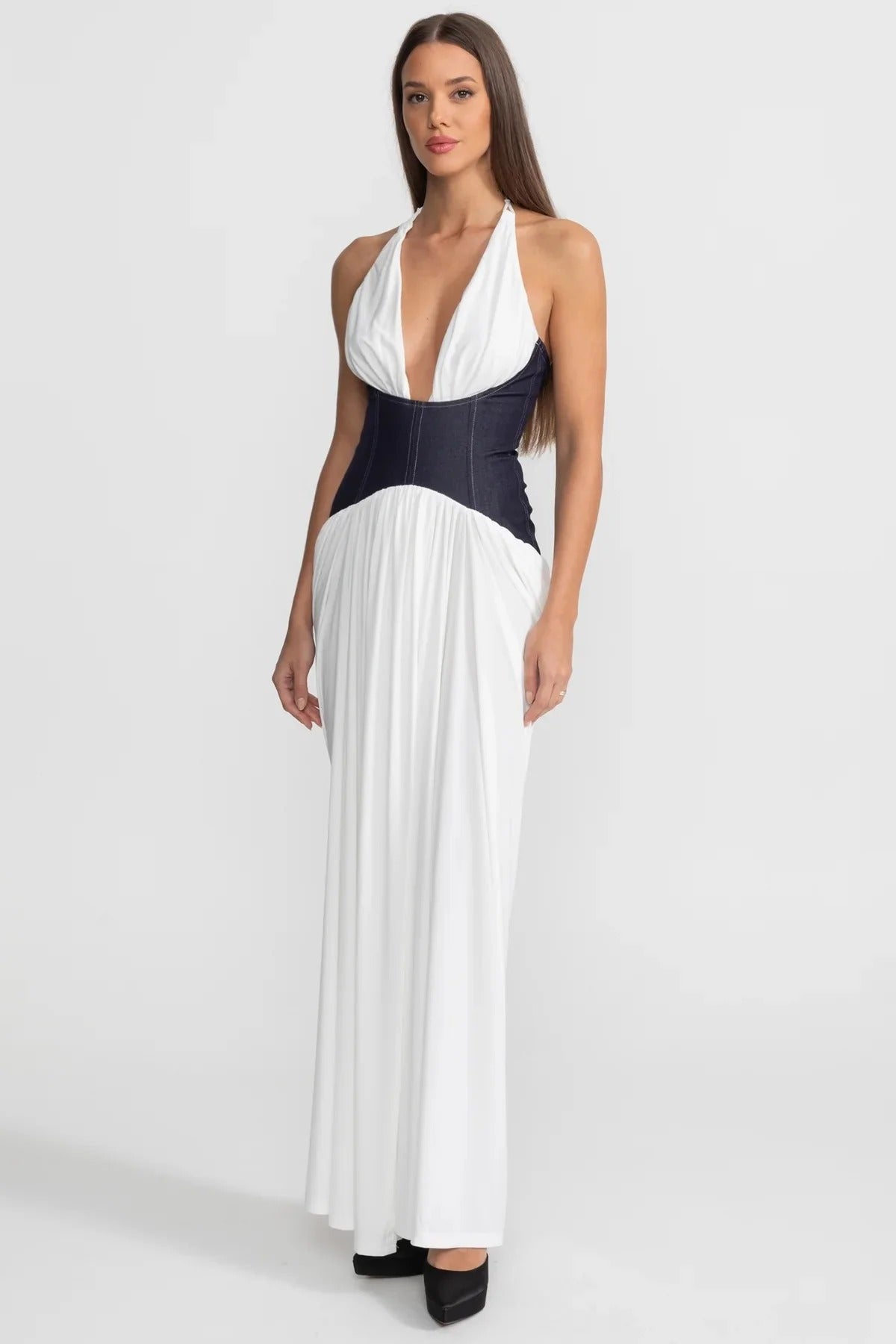 Denim Corset Halter Maxi Dress - White