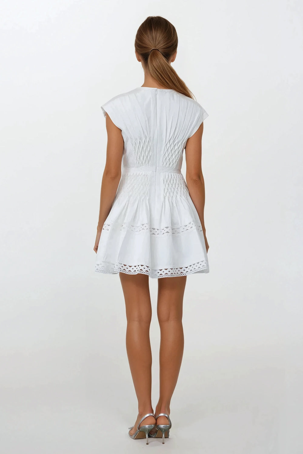 Pleated Mini Dress with Cinched Waist - White