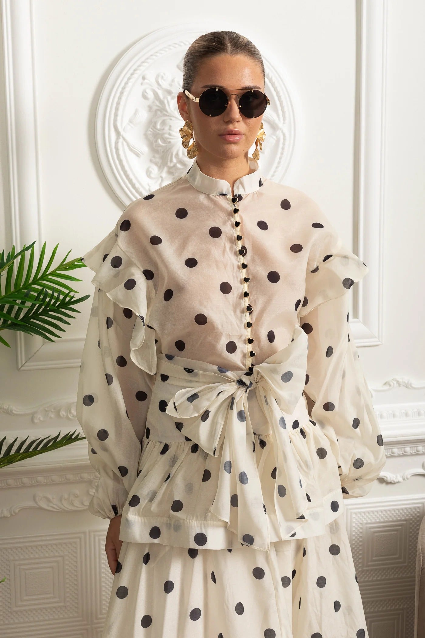 Sheer Polka Dot Blouse and Skirt Set with Ruffle Accents - White