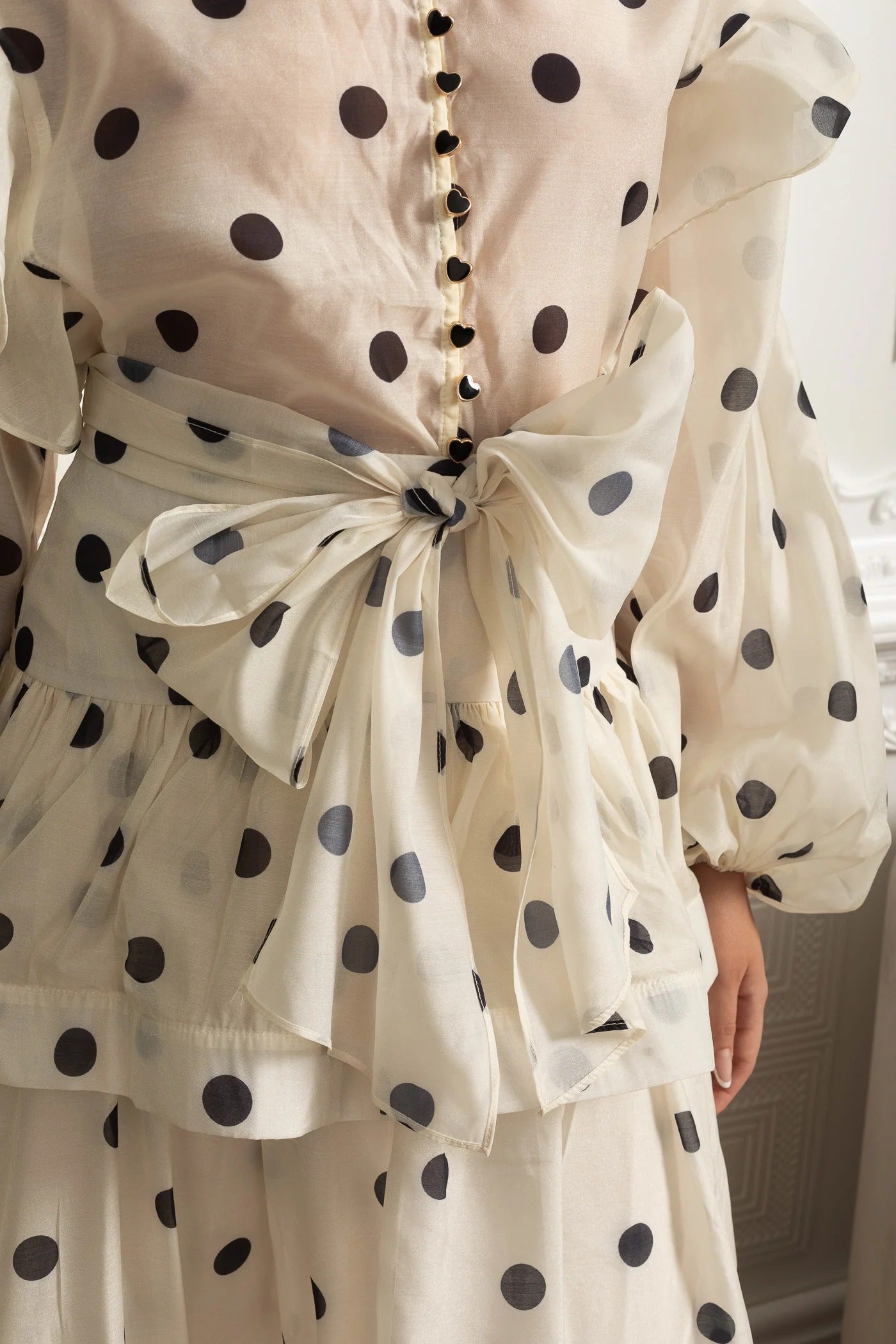 Sheer Polka Dot Blouse and Skirt Set with Ruffle Accents - White