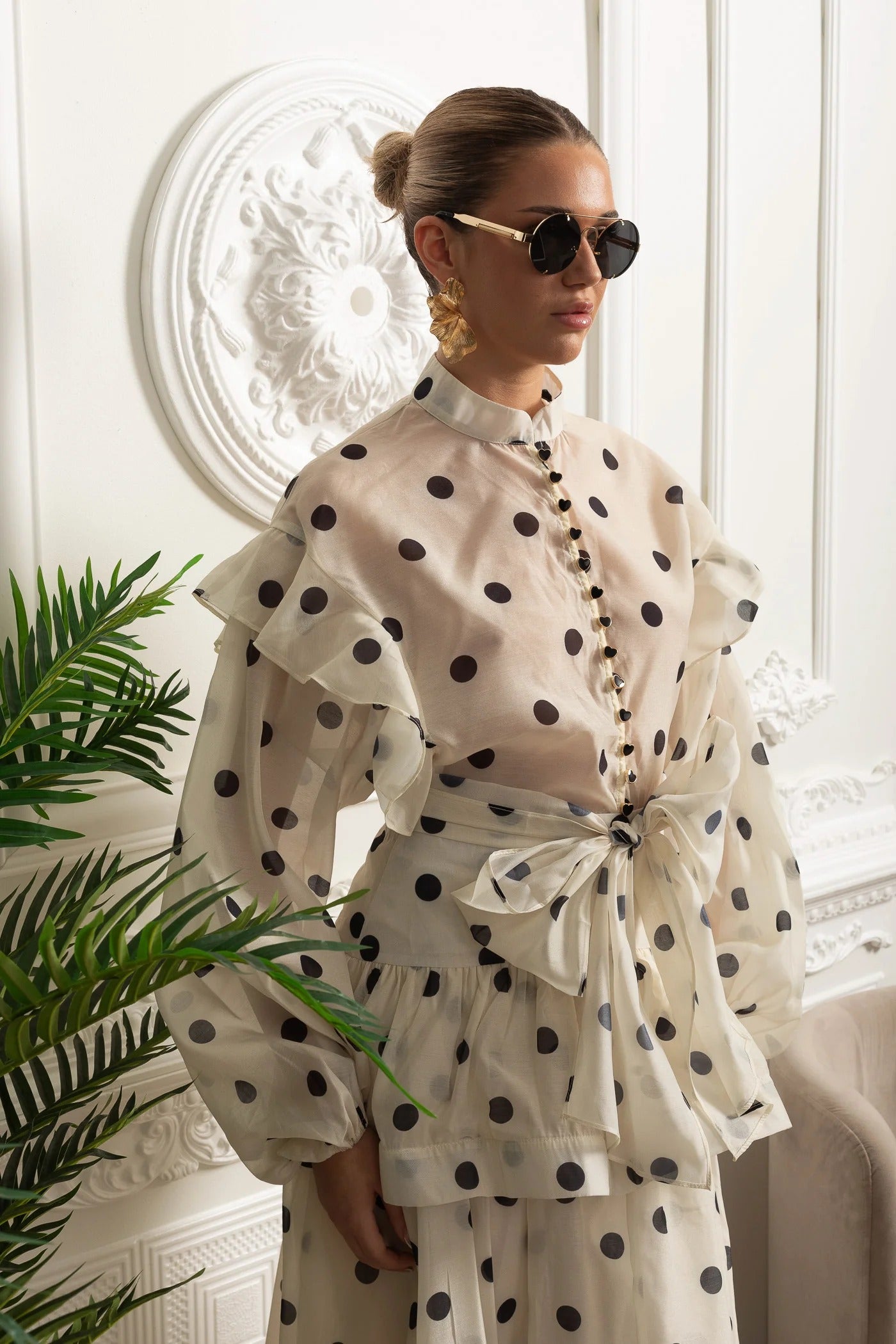 Sheer Polka Dot Blouse and Skirt Set with Ruffle Accents - White