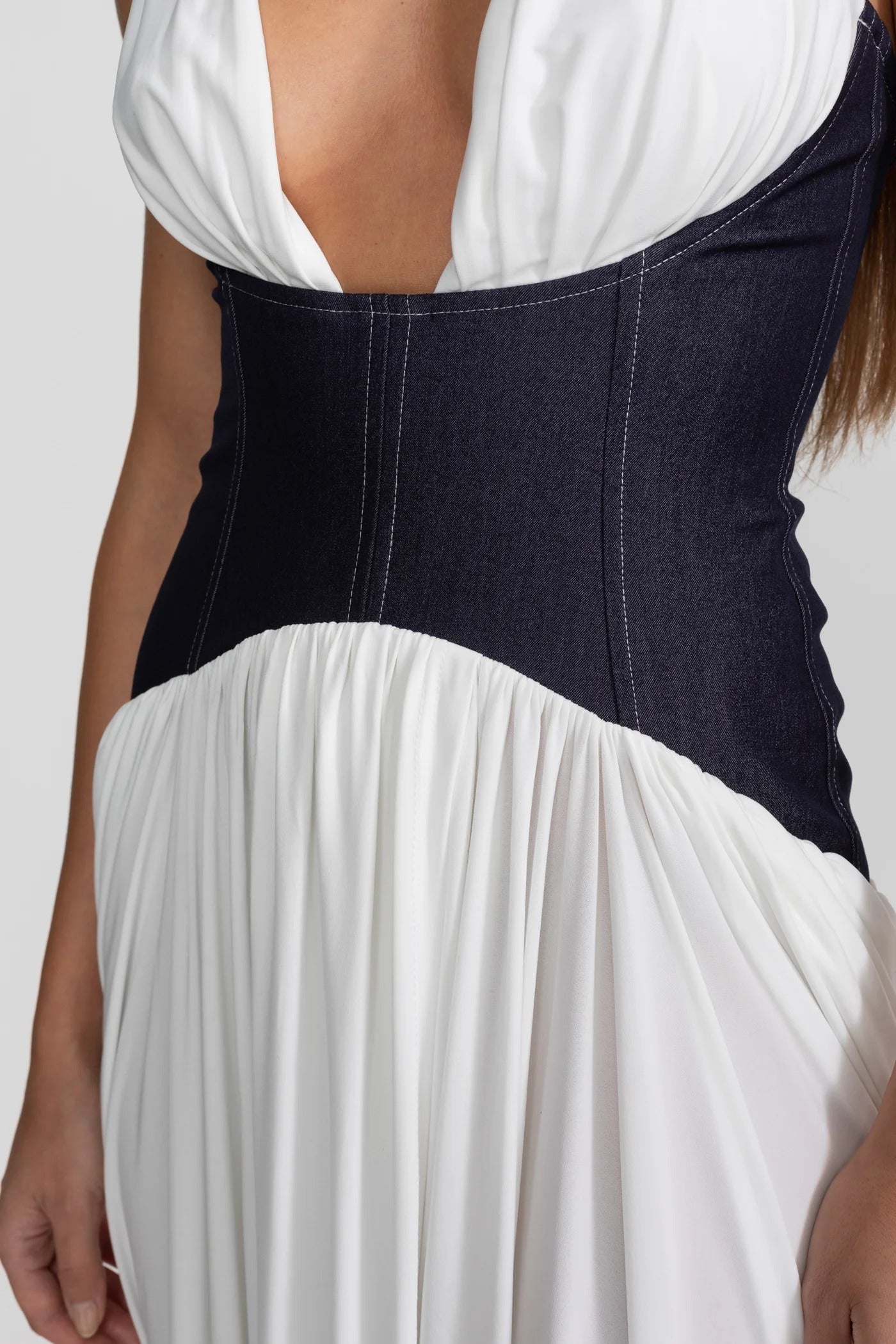 Denim Corset Halter Maxi Dress - White