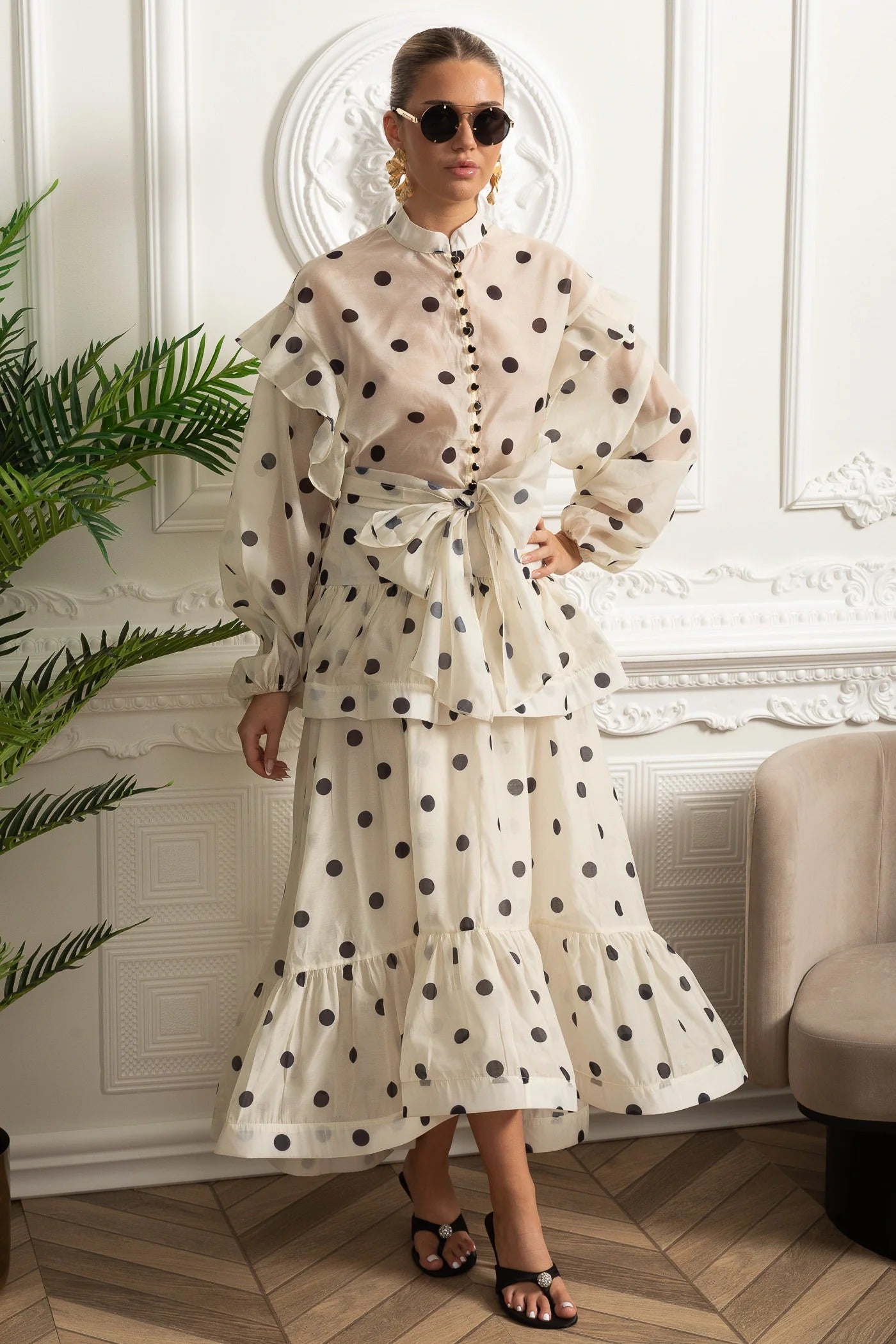 Sheer Polka Dot Blouse and Skirt Set with Ruffle Accents - White