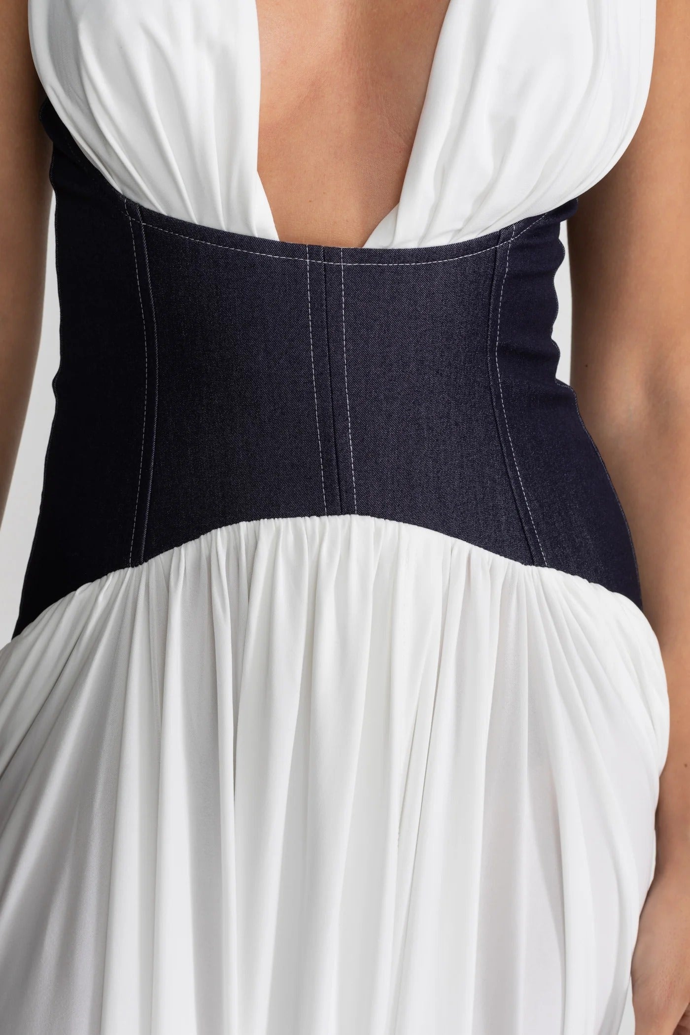 Denim Corset Halter Maxi Dress - White