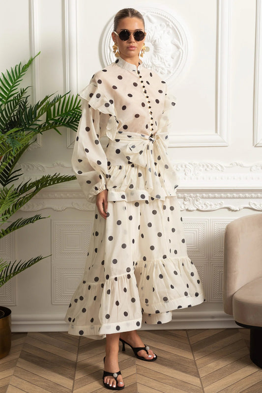 Sheer Polka Dot Blouse and Skirt Set with Ruffle Accents - White