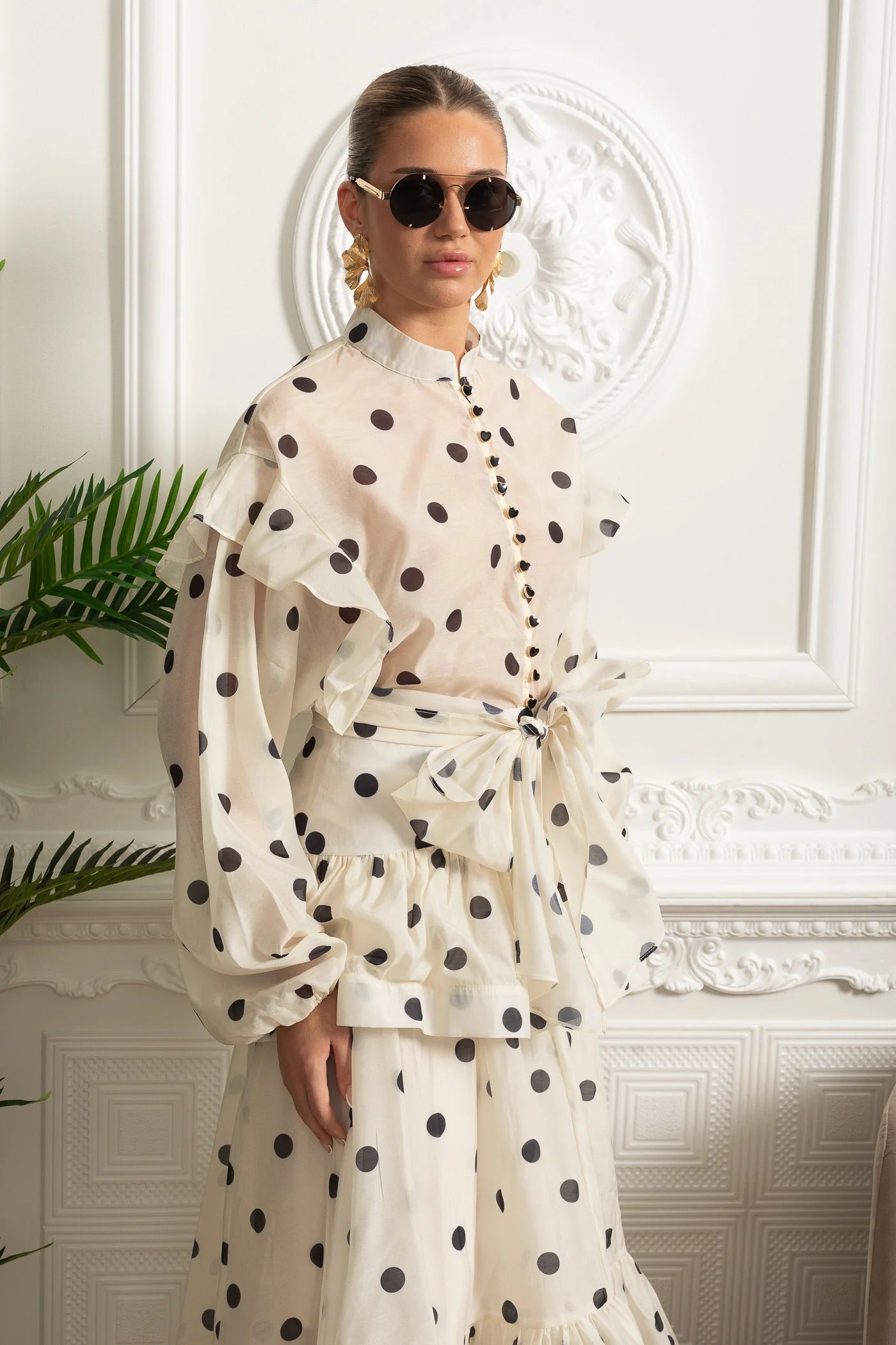 Sheer Polka Dot Blouse and Skirt Set with Ruffle Accents - White