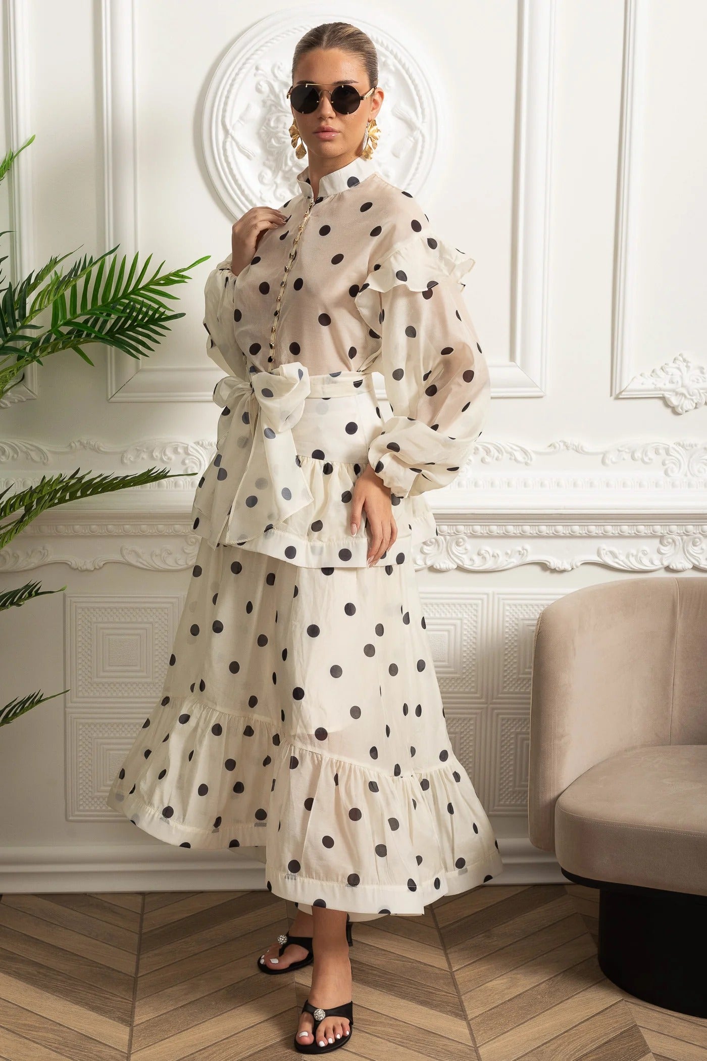 Sheer Polka Dot Blouse and Skirt Set with Ruffle Accents - White