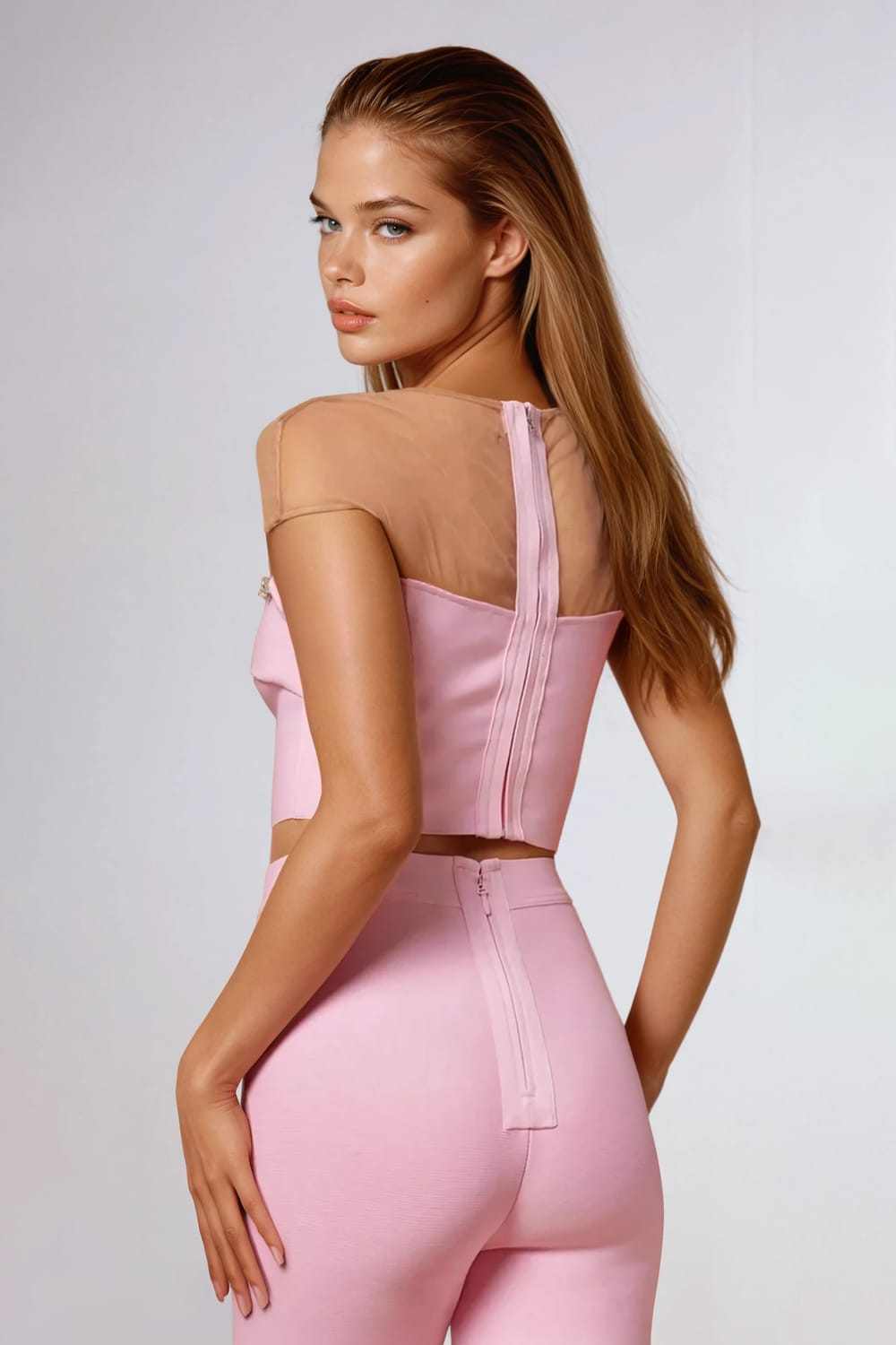 Two-Piece Set with Stud Detail Cropped Top and Trousers - Pink