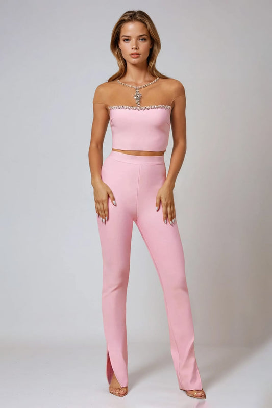 Two-Piece Set with Stud Detail Cropped Top and Trousers - Pink