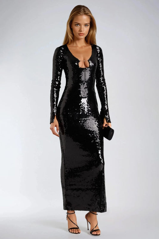 Sequin Detail Long Sleeve Maxi Dress - Black