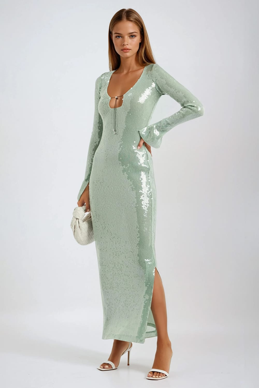 Sequin Detail Long Sleeve Maxi Dress - Light Blue