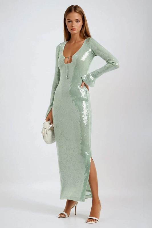 Sequin Detail Long Sleeve Maxi Dress - Light Blue