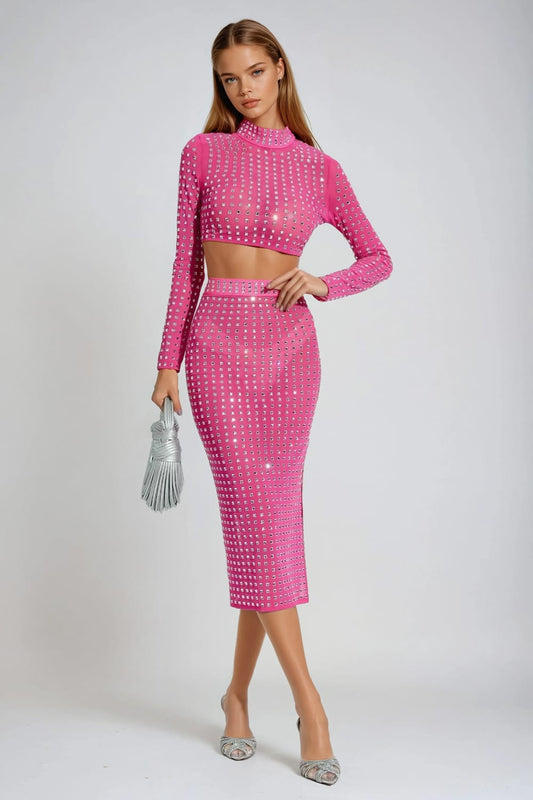 Two-Piece Set with Long Sleeve Studded Crop Top and Skirt - Pink
