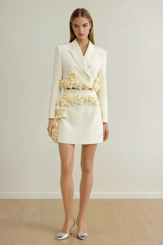 Two-Piece Set with Cropped Blazer and Mini Skirt with 3D Rosettes - White
