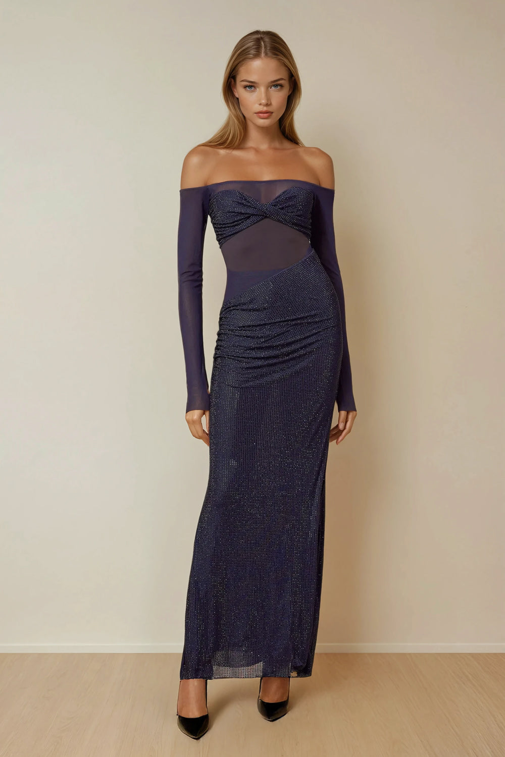 Off Shoulder Mesh Panel Maxi Dress with Ruched Skirt - Blue