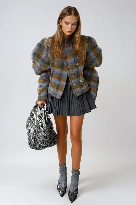 Structured Plaid Coat with Puff Sleeves - Gray