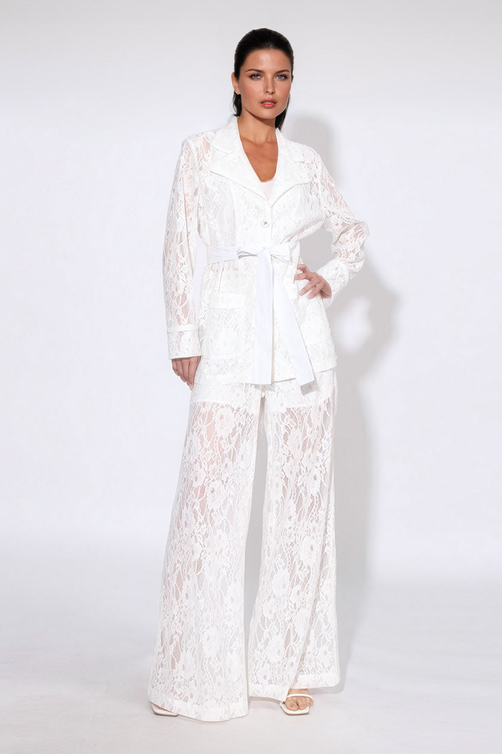 Lace Blazer Top and Wide Leg Trouser Co-Ord Set - White