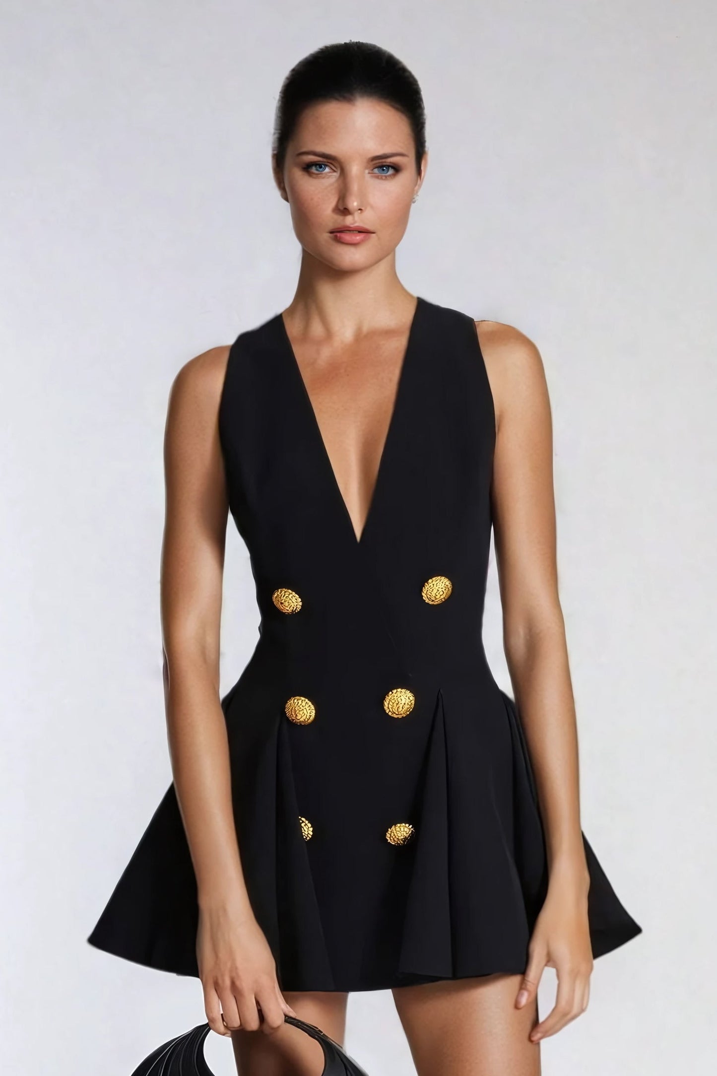 Sleeveless Mini Dress with Double-Breasted Gold Button Detail and Back Zip - Black