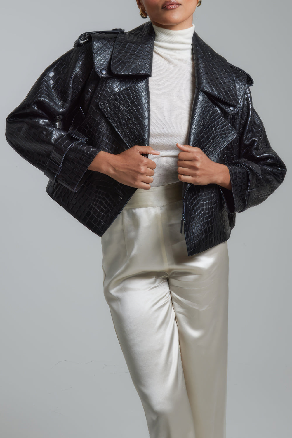 Croc-Embossed Cropped Jacket with Wide Lapel