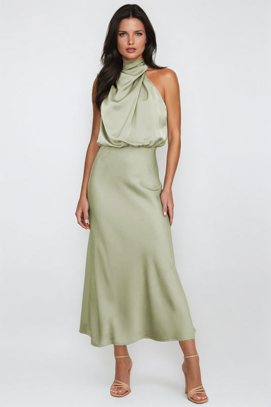 Asymmetrical High-Neck Midi Dress with Draped Bodice - Light Green