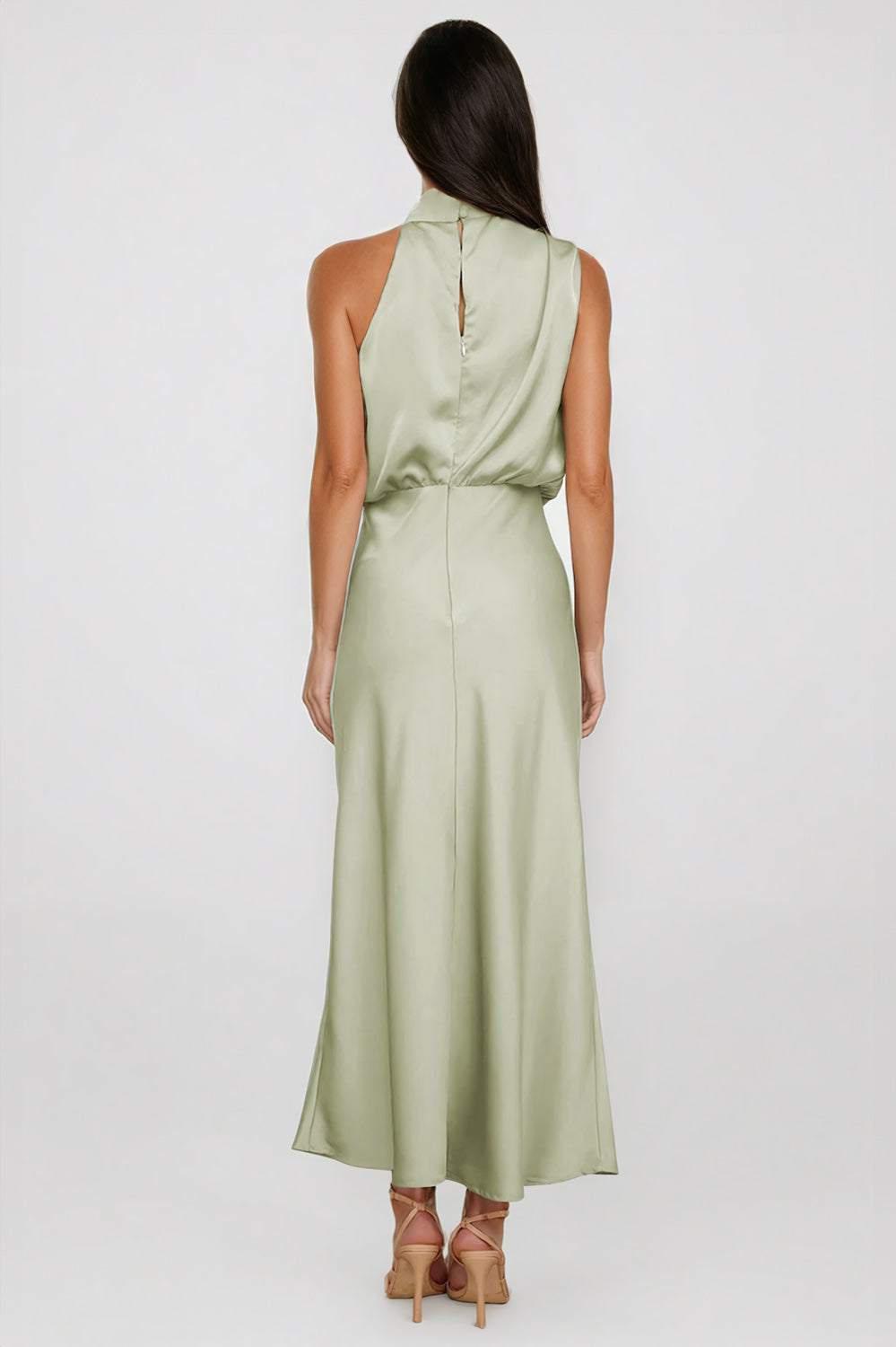 Asymmetrical High-Neck Midi Dress with Draped Bodice - Light Green