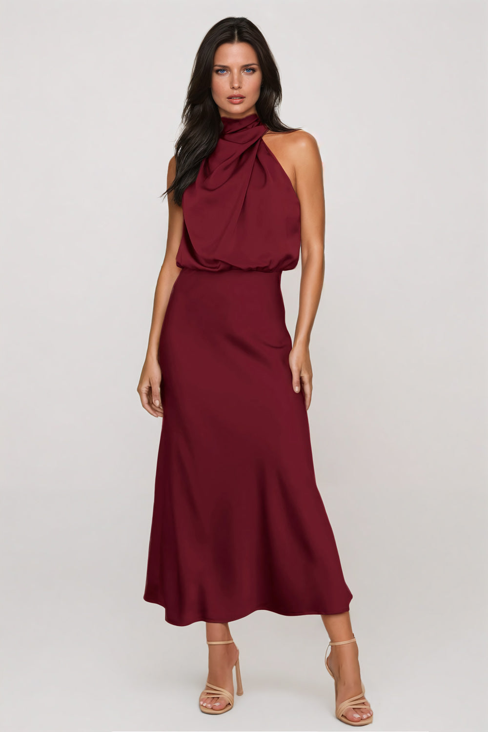 Asymmetrical High-Neck Midi Dress with Draped Bodice - Burgundy