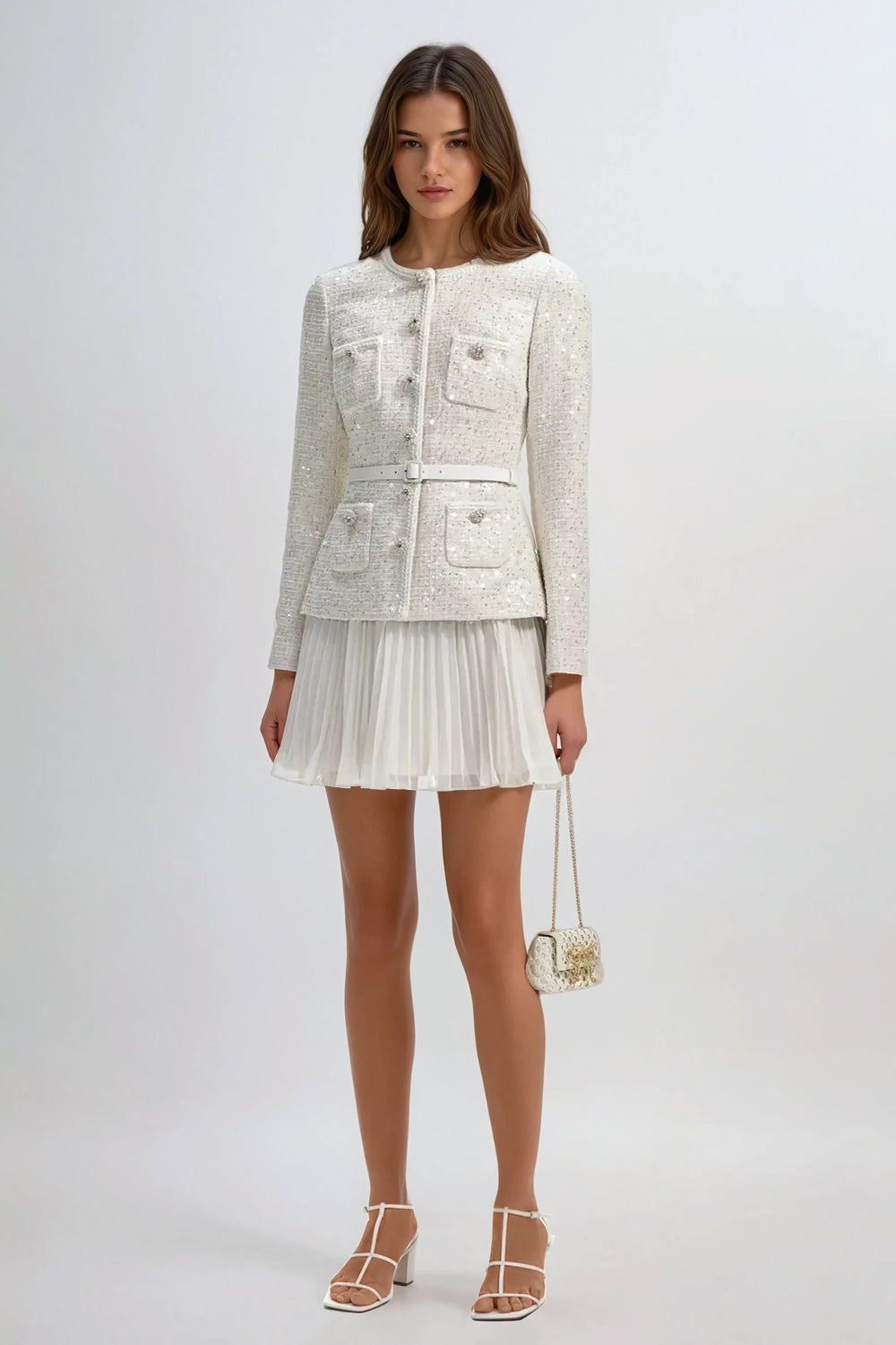 Belted Long Sleeve Mini Dress - Beige