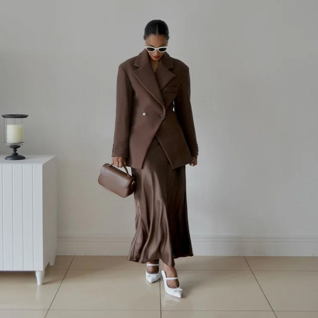 Double-Breasted Oversized Blazer with Notched Lapels - Brown