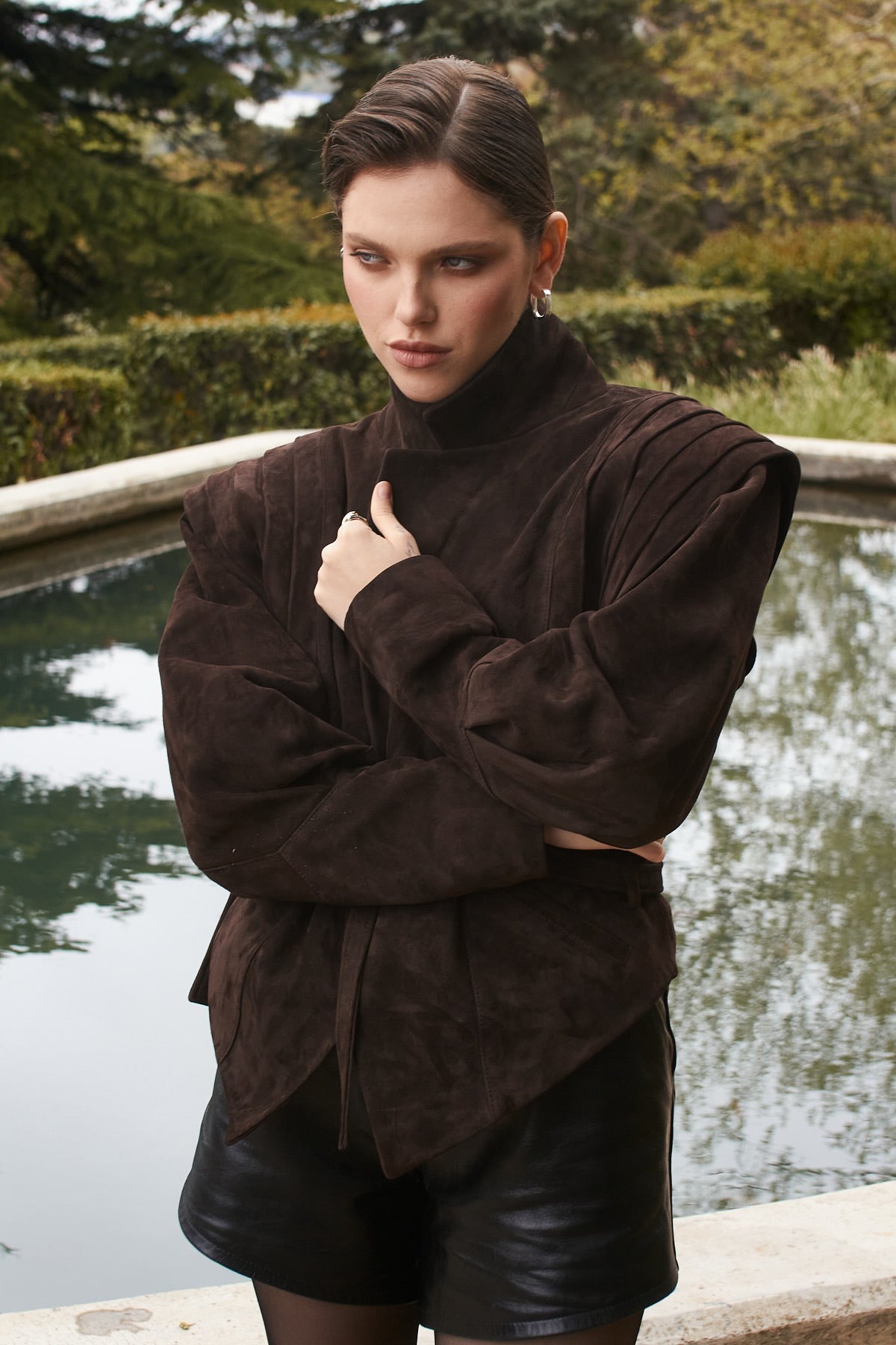 Pleated Shoulder Belted Jacket - Brown