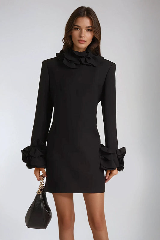 Long Sleeve High-Neck Mini Dress with Ruffled Details - Black