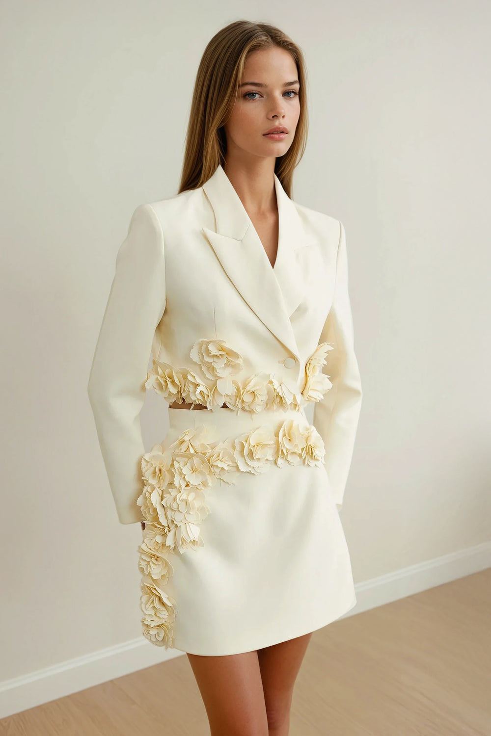 Two-Piece Set with Cropped Blazer and Mini Skirt with 3D Rosettes - White