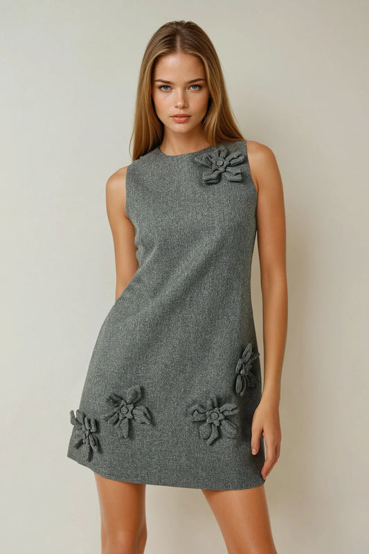Mini Dress with 3D Floral Detailing - Gray