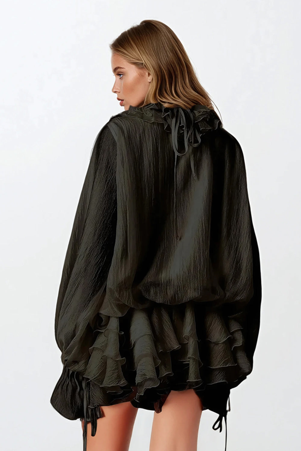 Mini Dress with Layered Ruffles and 3D Floral Front - Black