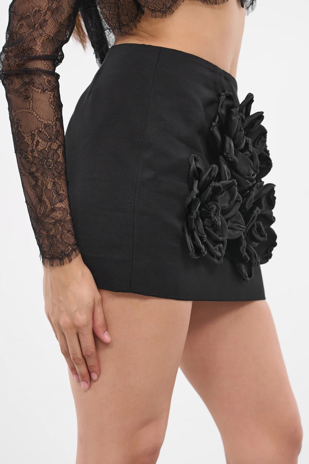 High-Waisted Mini Skirt with 3D Floral Accents - Black