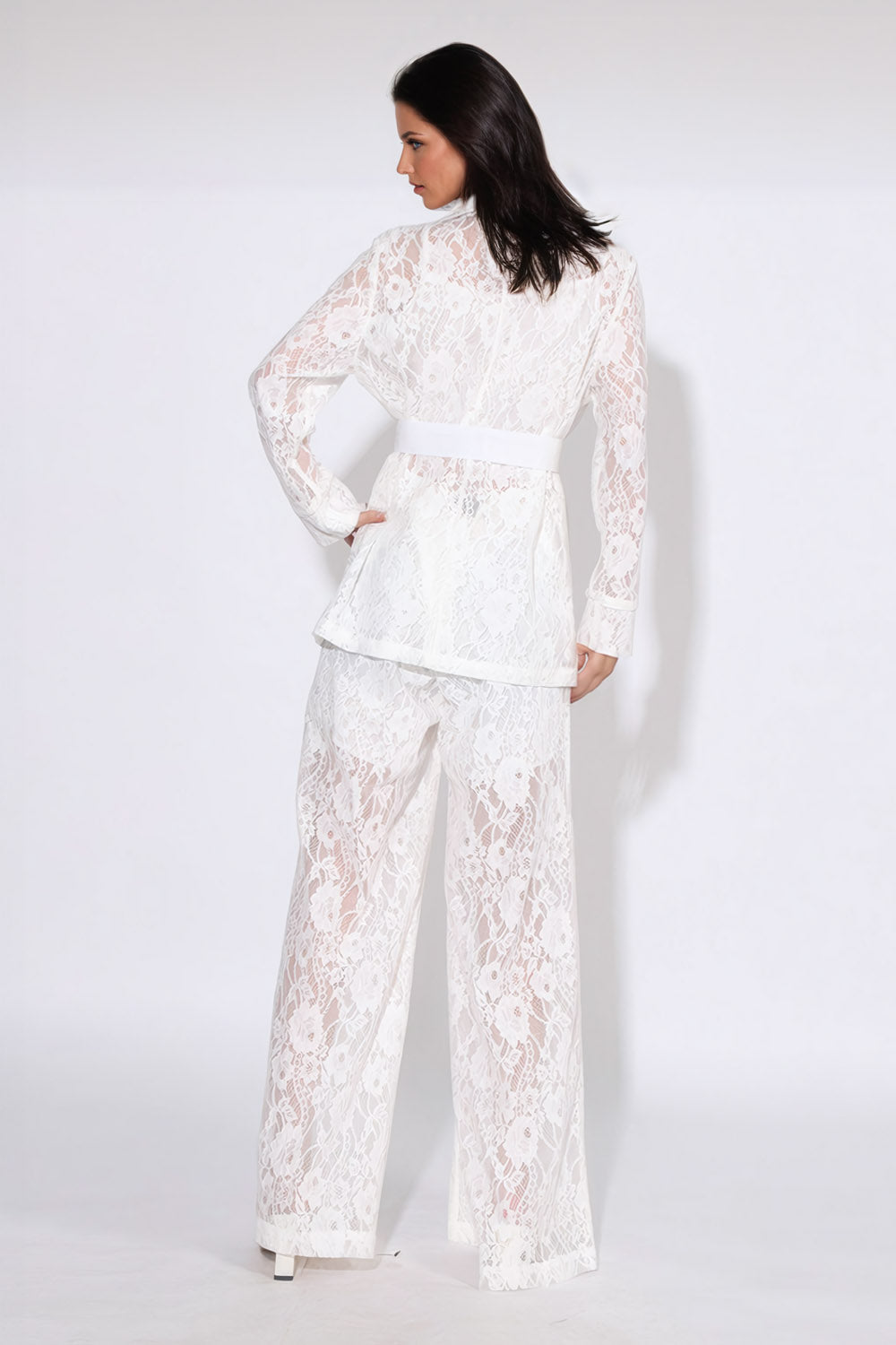 Lace Blazer Top and Wide Leg Trouser Co-Ord Set - White