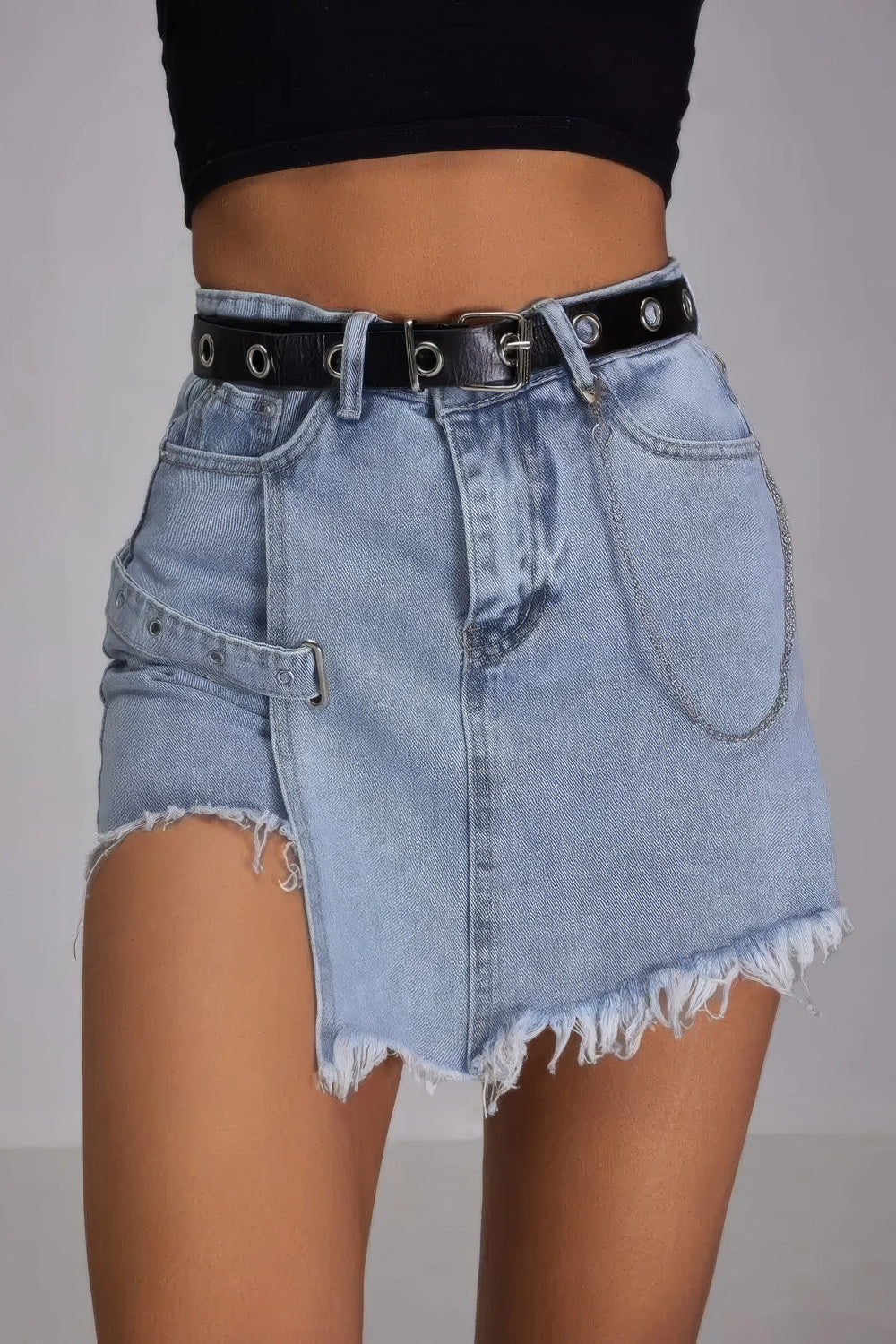 Asymmetrical Denim Skirt-Style Shorts - Light Blue