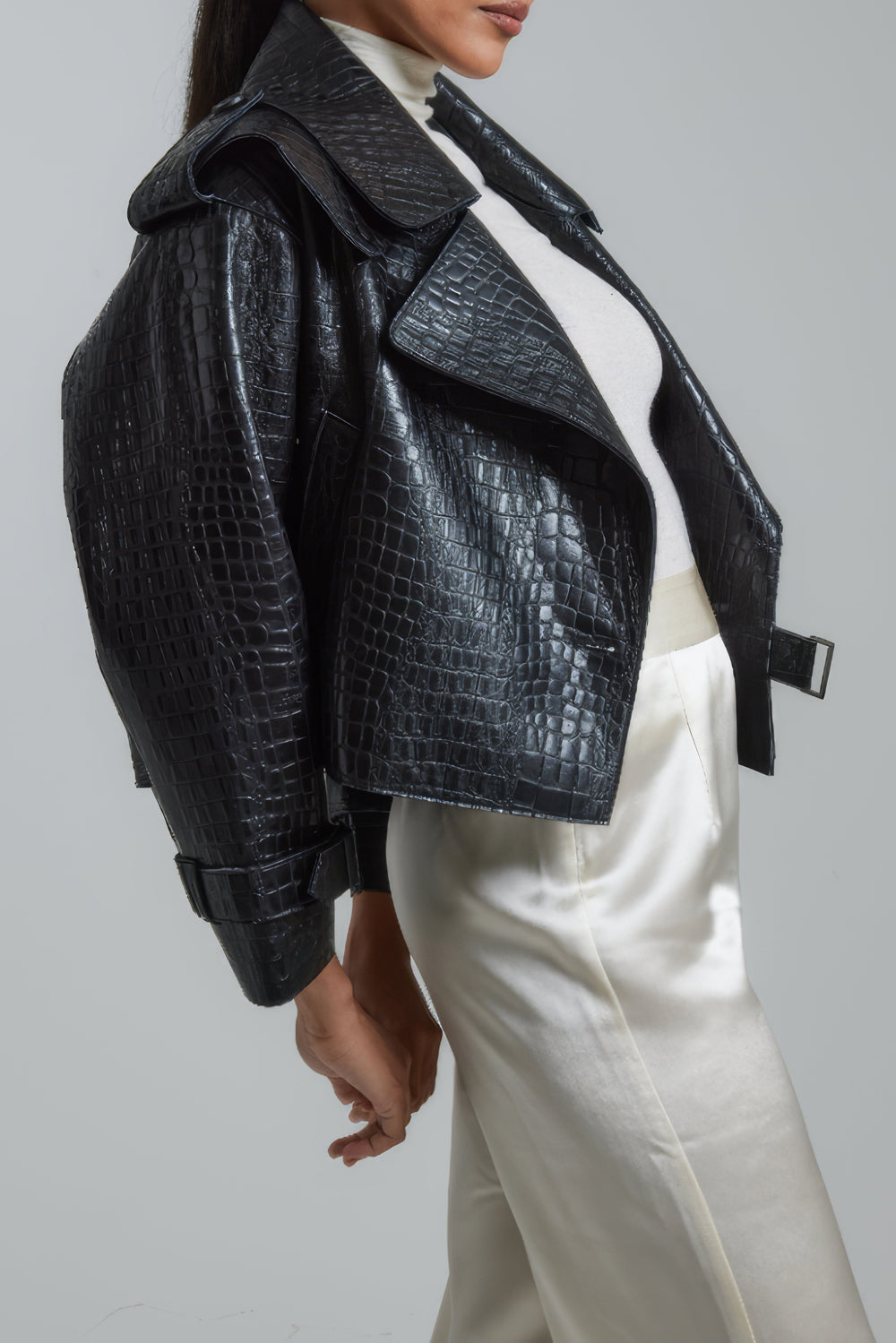 Croc-Embossed Cropped Jacket with Wide Lapel