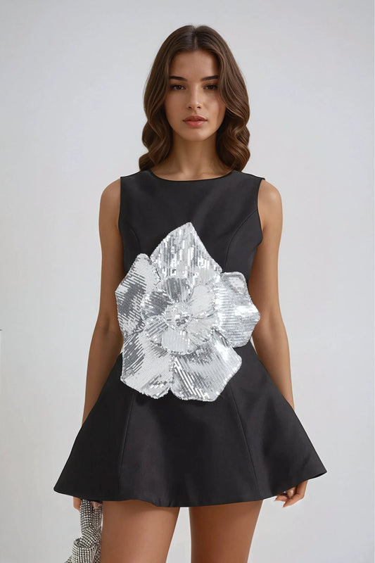 Mini Dress with Sequin Flower Accent - Black