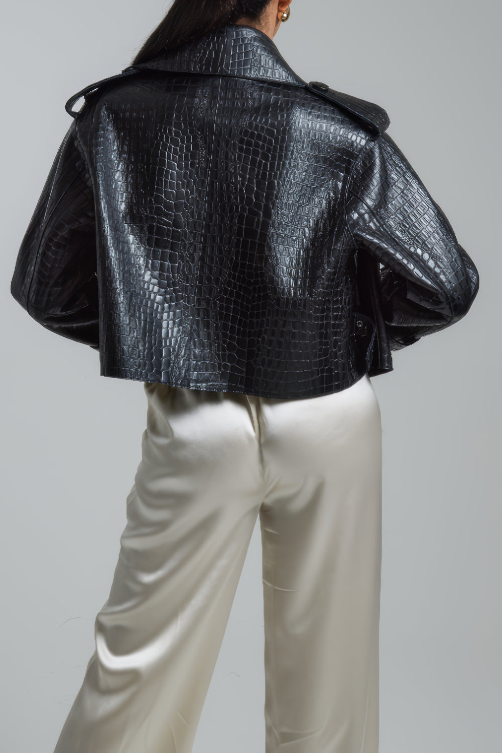Croc-Embossed Cropped Jacket with Wide Lapel