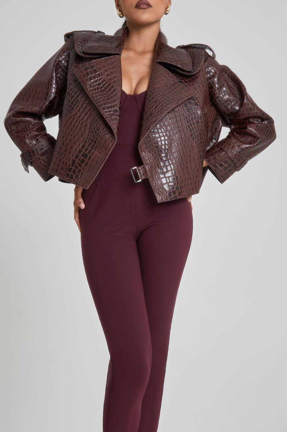 Croc-Embossed Cropped Jacket with Wide Lapel
