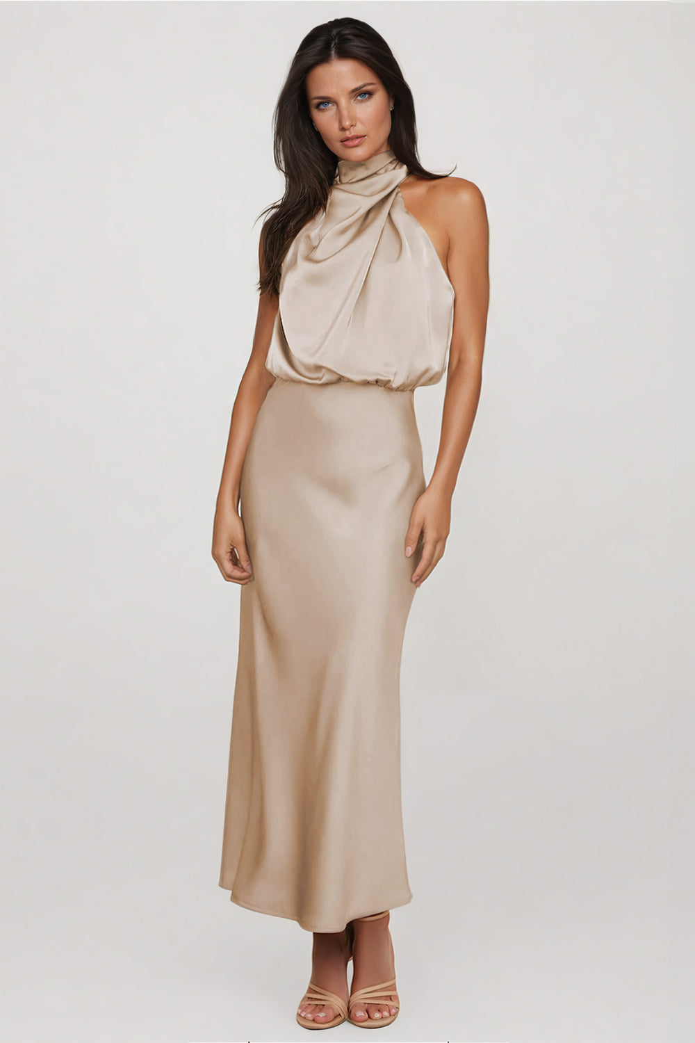 Asymmetrical High-Neck Midi Dress with Draped Bodice - Beige