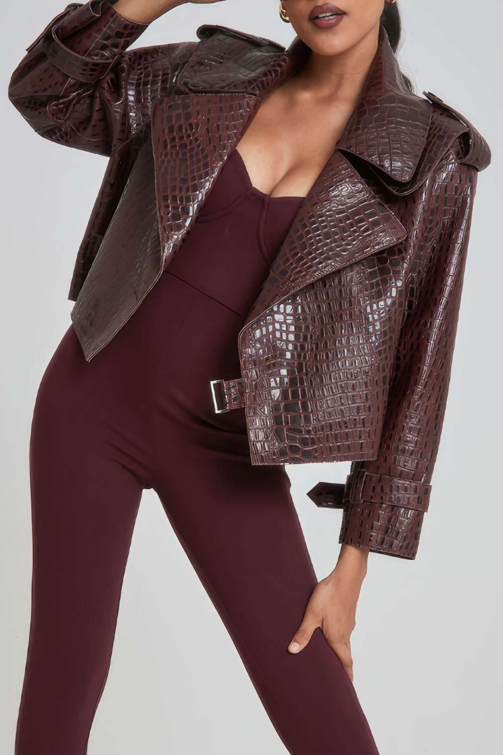 Croc-Embossed Cropped Jacket with Wide Lapel