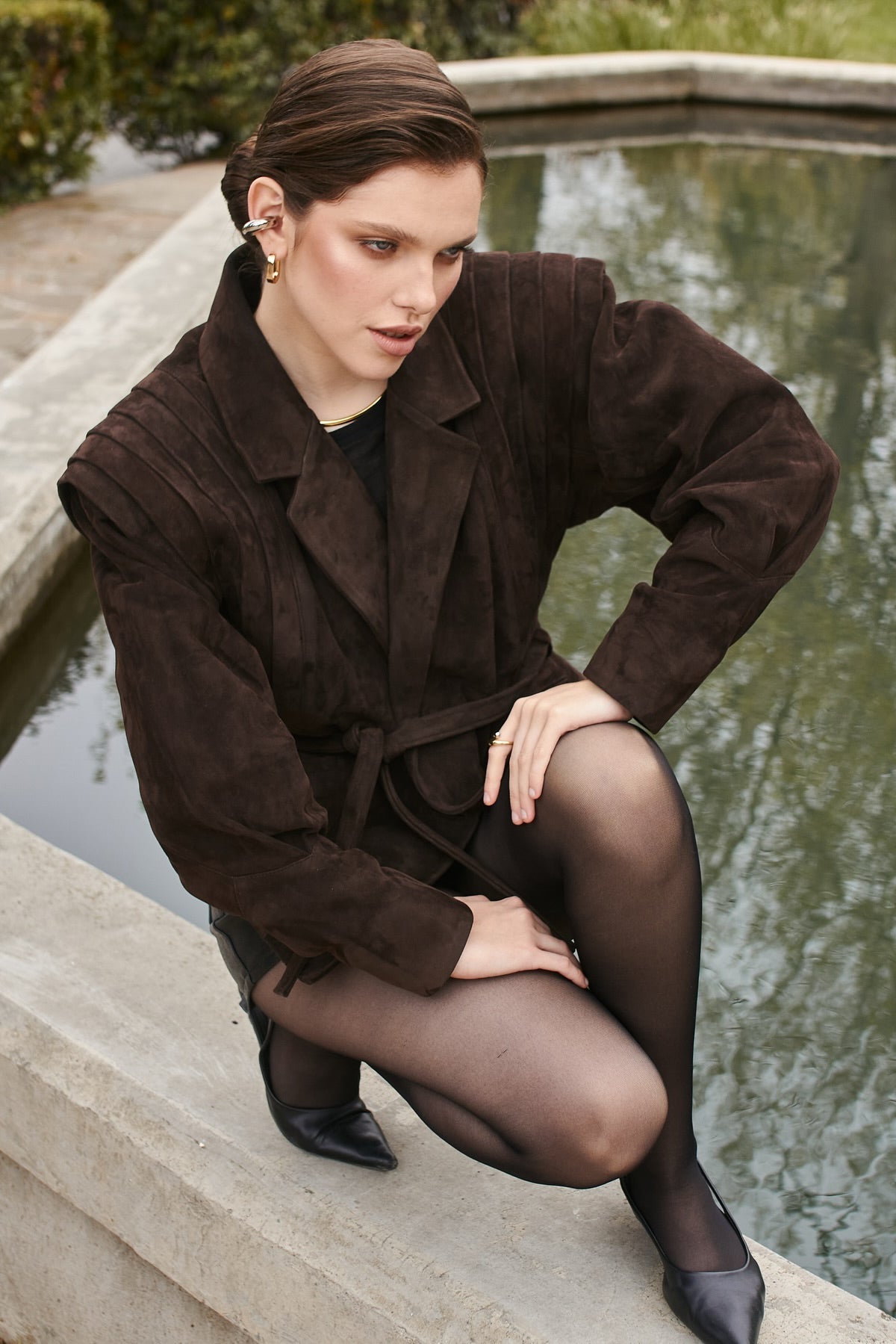 Pleated Shoulder Belted Jacket - Brown