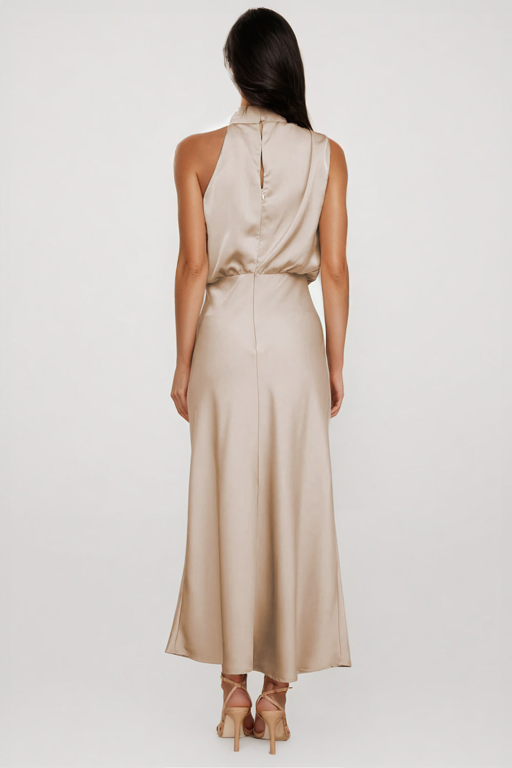 Asymmetrical High-Neck Midi Dress with Draped Bodice - Beige