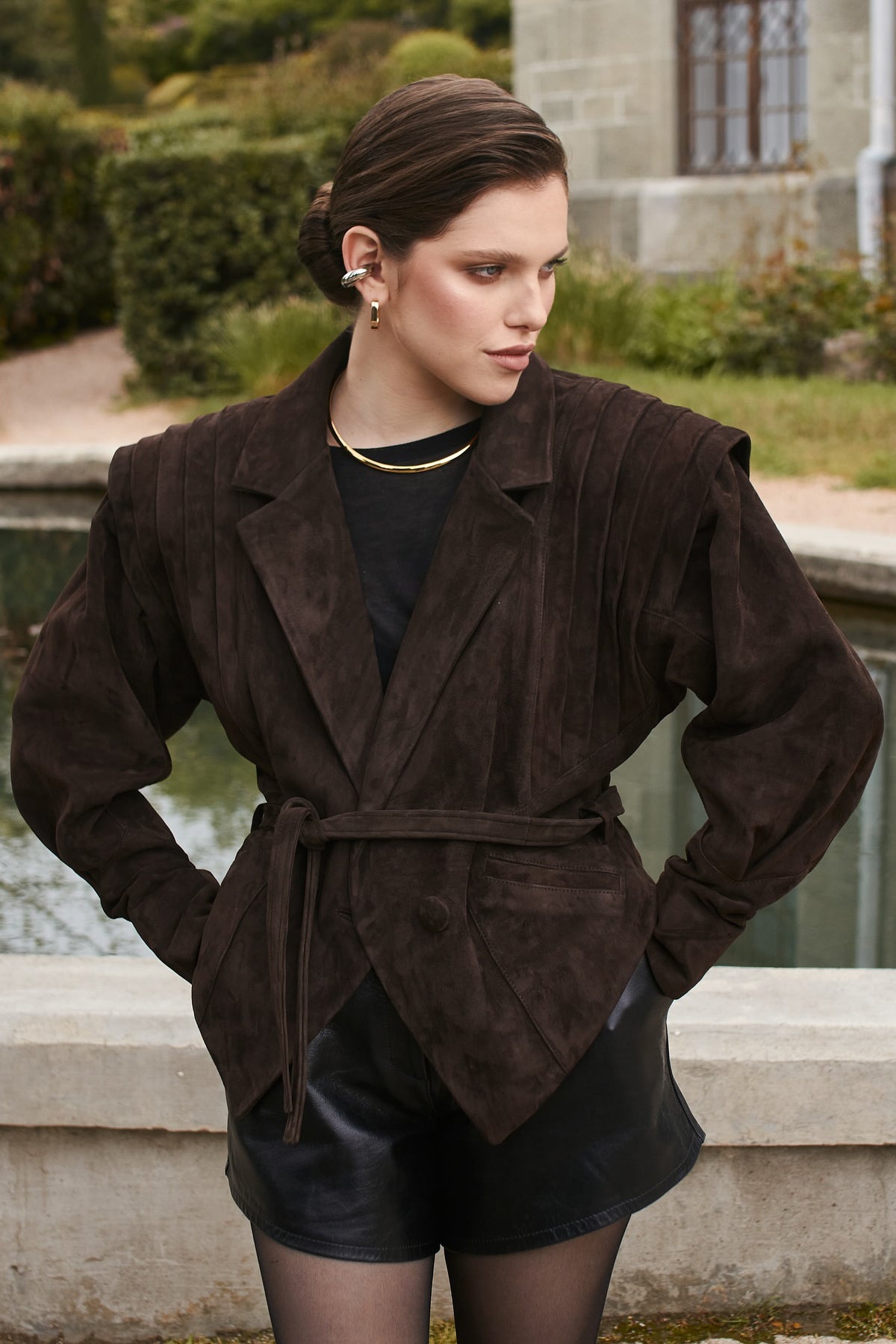Pleated Shoulder Belted Jacket - Brown