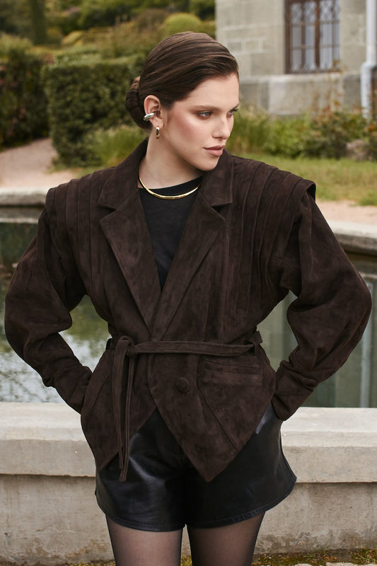 Pleated Shoulder Belted Jacket - Brown