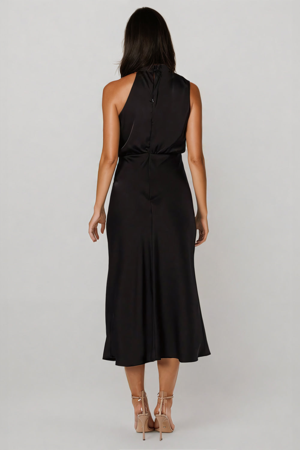 Asymmetrical High-Neck Midi Dress with Draped Bodice - Black