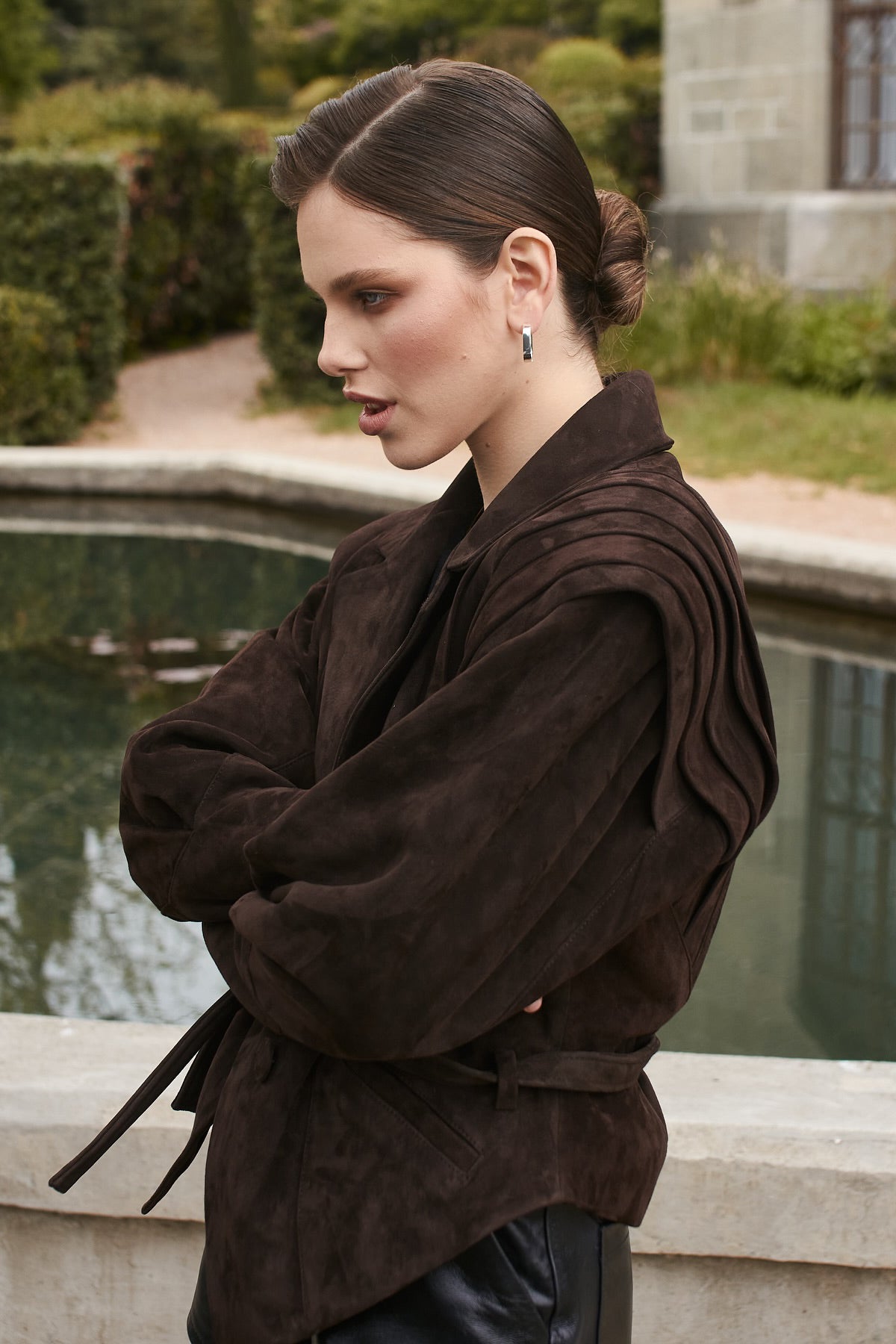Pleated Shoulder Belted Jacket - Brown